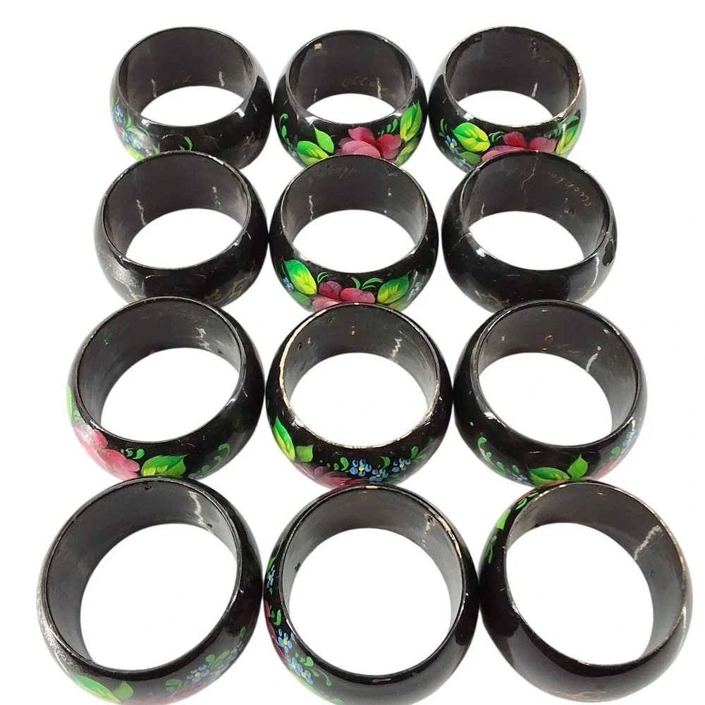 Vintage Russian Hand Painted Lacquer Wood Napkin Rings Set of 12